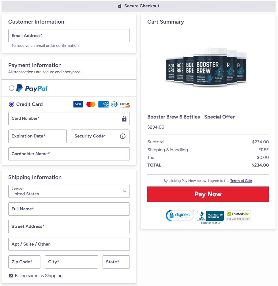 Secure Booster Brew checkout process for supplement orders